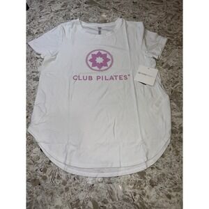Beyond Yoga Club Pilates Graphic T-Shirt White Pink Lotus Logo Size M NWT